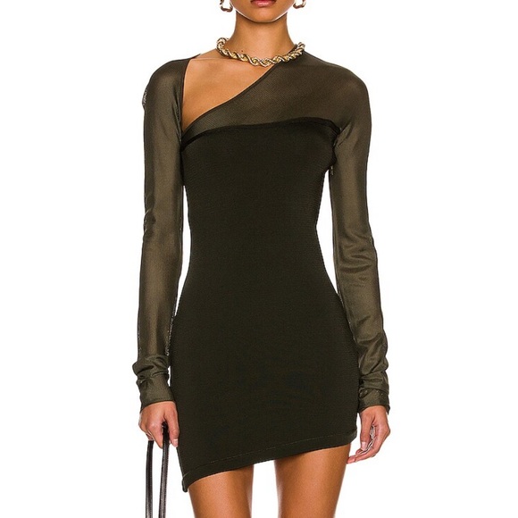 Mugler Dresses & Skirts - MUGLER Asymmetrical Sheer Mini Dress Military Green - XS - NWT